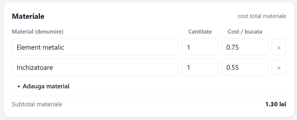 Calculator preturi produse handmade - adaugarea materialelor cu cantitate si cost pe bucata