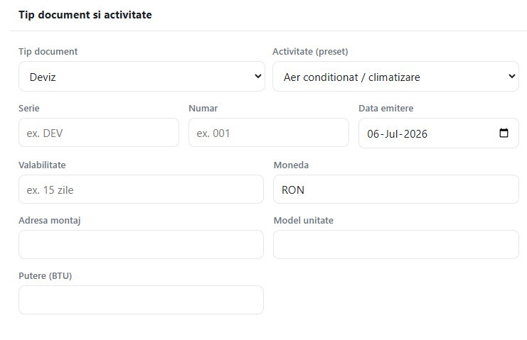 Aplicatie generare devize PDF - ecranul principal cu formular si preview live