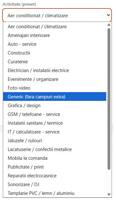Selector de presets pe activitati in aplicatia de generare devize
