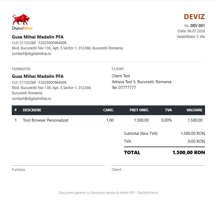 Preview deviz PDF generat cu logo si datele firmei